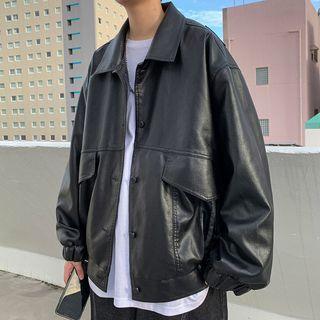 Applique Faux Leather Button Jacket