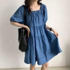 Short-sleeve Denim Mini A-line Dress Blue - One Size
