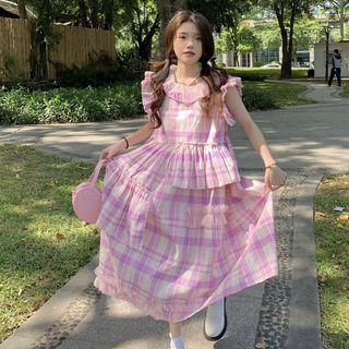 Sleeveless Plaid Ruffled Midi A-line Dress