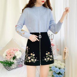 Set: Open-knit Top + Embroidered Skirt