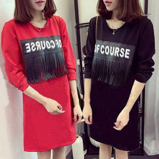 Long-sleeve Lettering Fringed Mini T-shirt Dress