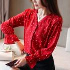 Heart Print V-neck Long-sleeve Blouse