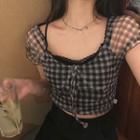Lace Plaid Short-sleeve Slim-fit Top Black & White - One Size