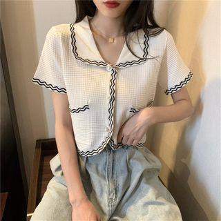 Short-sleeve Embroidered Trim Collared Cardigan