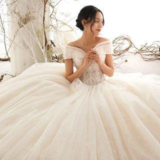 Off-shoulder V-neck Embroidered Tutu Wedding Ball Gown