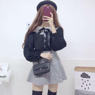 Scallop Collar Bow Accent Pullover Black - One Size