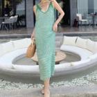 Wide Strap Midi Pointelle Knit Dress Green - One Size