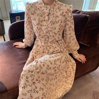 Floral Long-sleeve Midi A-line Dress / Long Cardigan