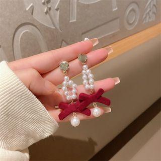 Bow Faux Pearl Dangle Earring 1 Pair - Bow Earring - Red - One Size
