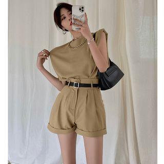 Padded-shoulder Sleeveless Top / High-waist Shorts With Belt