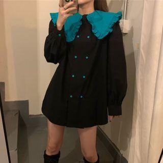 Long-sleeve Double-breasted Frill Trim Blouse 6031 - Black - One Size
