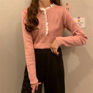 Long-sleeve Lace-trim Henley