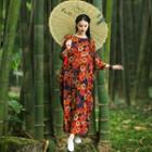 Flower Print 3/4-sleeve Maxi Dress