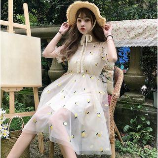 Set: Short-sleeve Embroidered A-line Mesh Dress + Slipdress As Shown In Figure - One Size