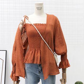 Set: Open-front Light Cardigan + Smocked Top