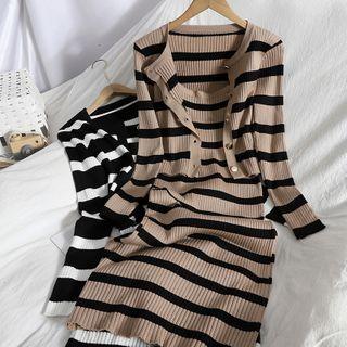 Set: Striped Cardigan + Spaghetti Strap Midi Dress