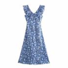 Sleeveless Floral Print Frill Trim Midi A-line Dress