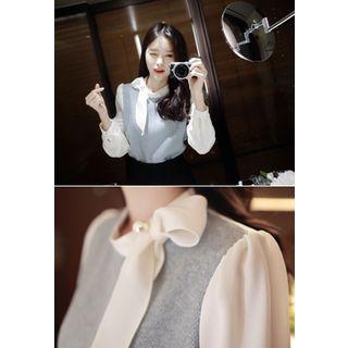 Tie-neck Knit-panel Chiffon Top