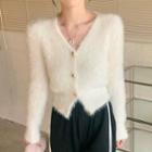 V-neck Button-up Fluffy Cropped Cardigan