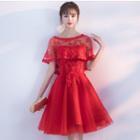 Set: Embroidered Strapless A-line Cocktail Dress + Lace Cape