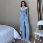 Knitted Button-up Tank Top / Drawstring Wide Leg Pants