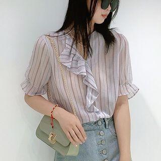 Short-sleeve V-neck Striped Chiffon Shirt