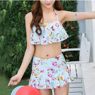 Set: Floral Print Bikini Top + Swim Skirt