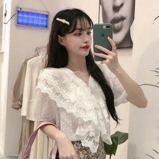Elbow-sleeve Lace Trim Ruffle Blouse