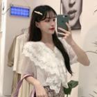 Elbow-sleeve Lace Trim Ruffle Blouse