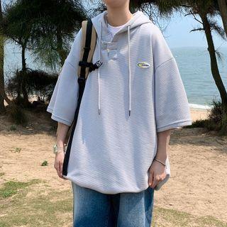 Short-sleeve Buckled Neck Plain Hoodie