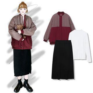 Plaid Panel Padded Jacket / Mock-neck T-shirt / Midi Skirt