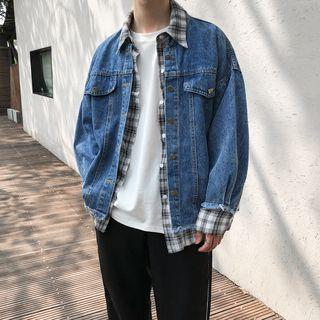 Mock Two-piece Plaid Paneled Buttoned Denim Jacket