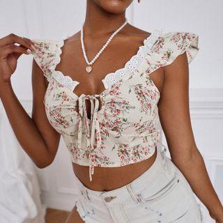 Floral Print Lace-trim Sleeveless Crop Top