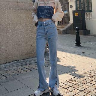 High-waist Cutout Slit Straight Leg Jeans