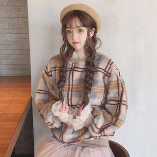 Sheer Panel Plaid Sweatshirt