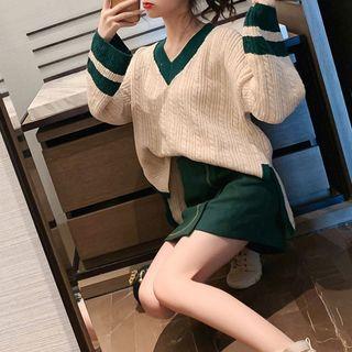 Set: Contrast Trim Sweater + Mini A-line Skirt
