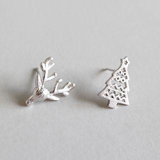 Non-matching 925 Sterling Silver Christmas Tree & Deer Earring Silver - One Size