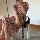 Leopard Print Elbow-sleeve A-line Dress Pink - One Size