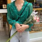 Long-sleeve Floral-pattern Ruffle-trim Chiffon Top Green - One Size