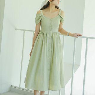 Single-breasted Cold Shoulder A-line Dress