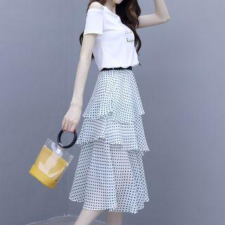 Set: Lettering Cold Shoulder Short-sleeve T-shirt + Dotted Midi A-line Skirt