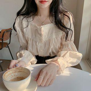 Square-neck Lace Flower Trim Long-sleeve Shirt