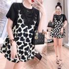 Set: Short-sleeve Paneled T-shirt + Heart Pattern Wide-leg Shorts