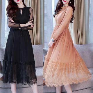 Long Sleeve Lace Panel Mesh Dress