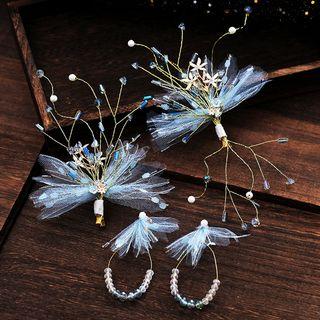 Wedding Set: Mesh Flower Hair Clip + Dangle Earring As Shown In Figure - One Size