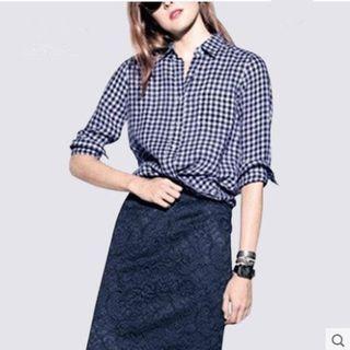 Set: 3/4-sleeve Checker Shirt + Lace Pencil Skirt