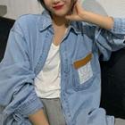 Long-sleeve Applique Denim Shirt Shirt - Denim Blue - One Size