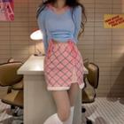 Color-block Drawstring Knit Top / High Waist Plaid Split Mini Skirt