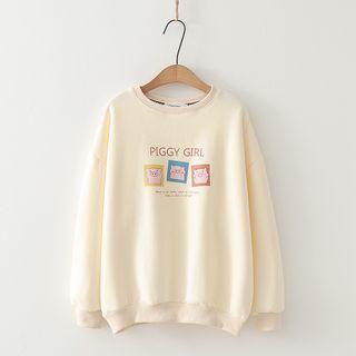Lettering Cartoon Pig Round Neck Pullover