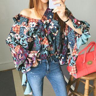 V-neck Frilled Multi-pattern Top